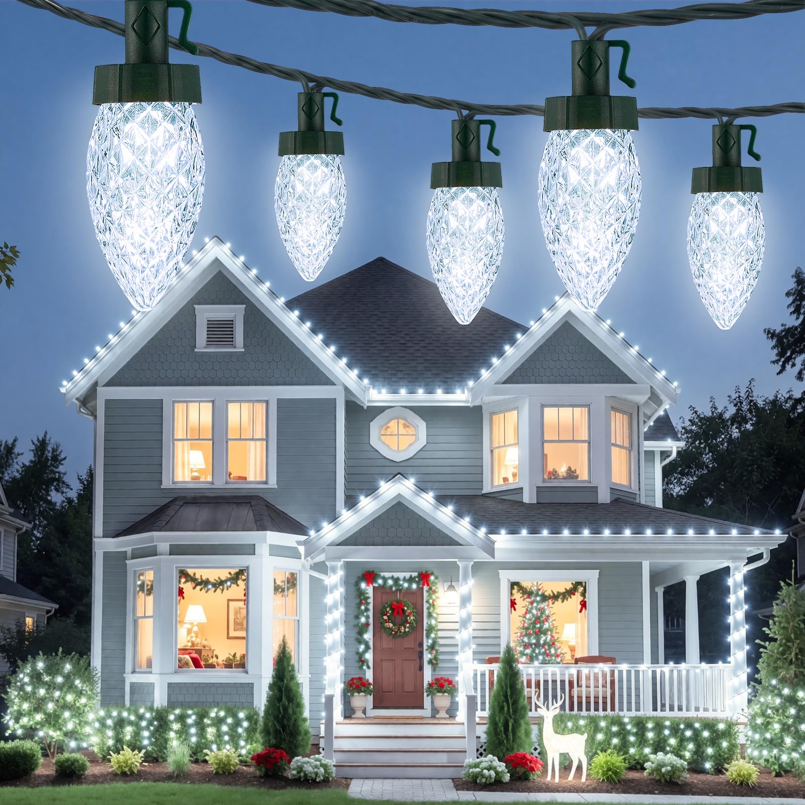 Brightown 300 LED C9 Xmas String Lights,195FT Pure White,8 Modes Timer