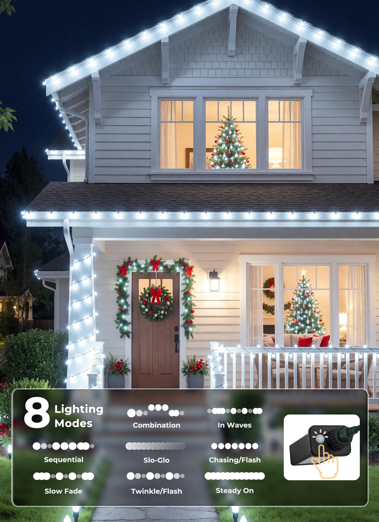Brightown 300 LED C9 Xmas String Lights,195FT Pure White,8 Modes Timer