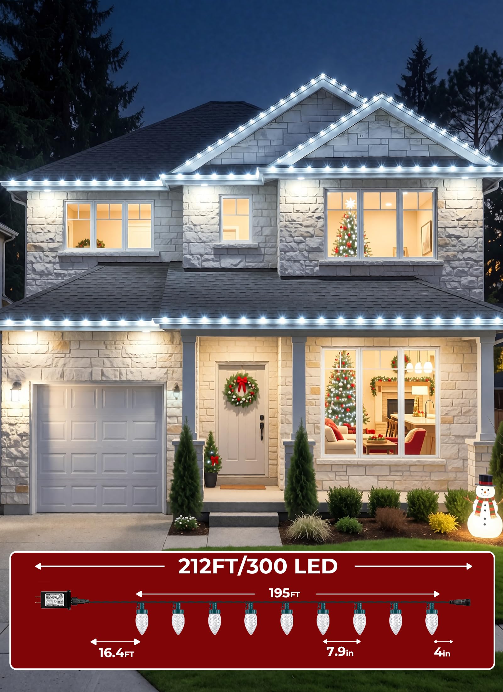 Brightown 300 LED C9 Xmas String Lights,195FT Pure White,8 Modes Timer