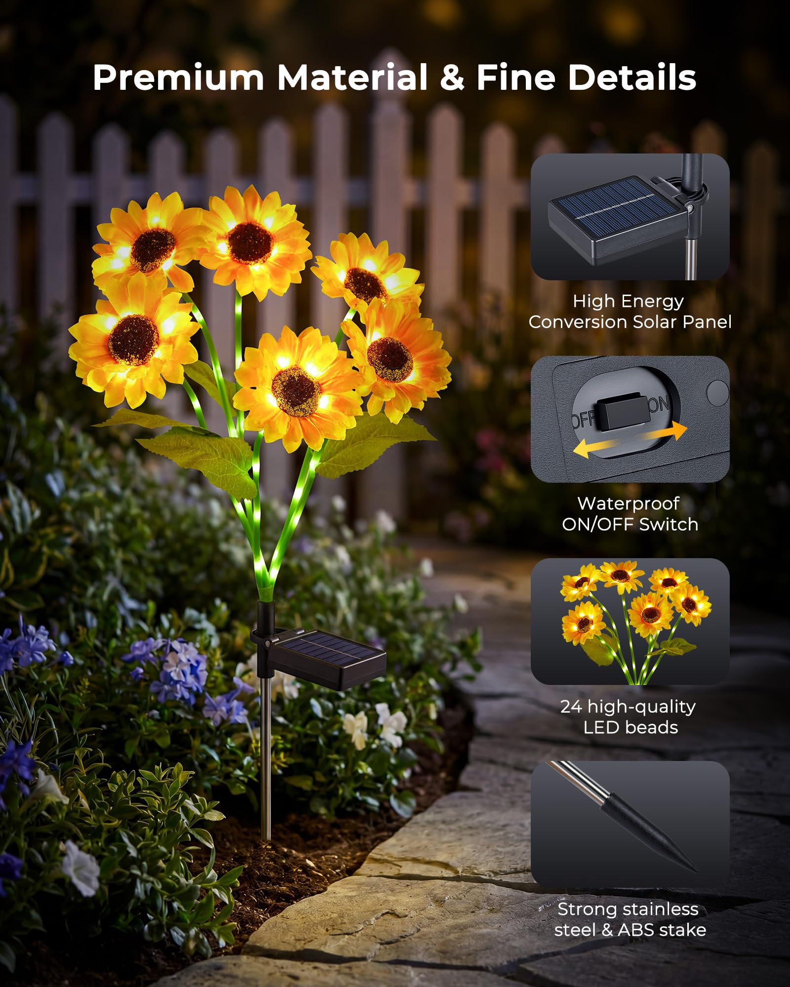 3 Pack 6 Head Solar Sunflower Stake Lights,18 Glowing Stems,Auto On/Off Waterproof Yard Patio