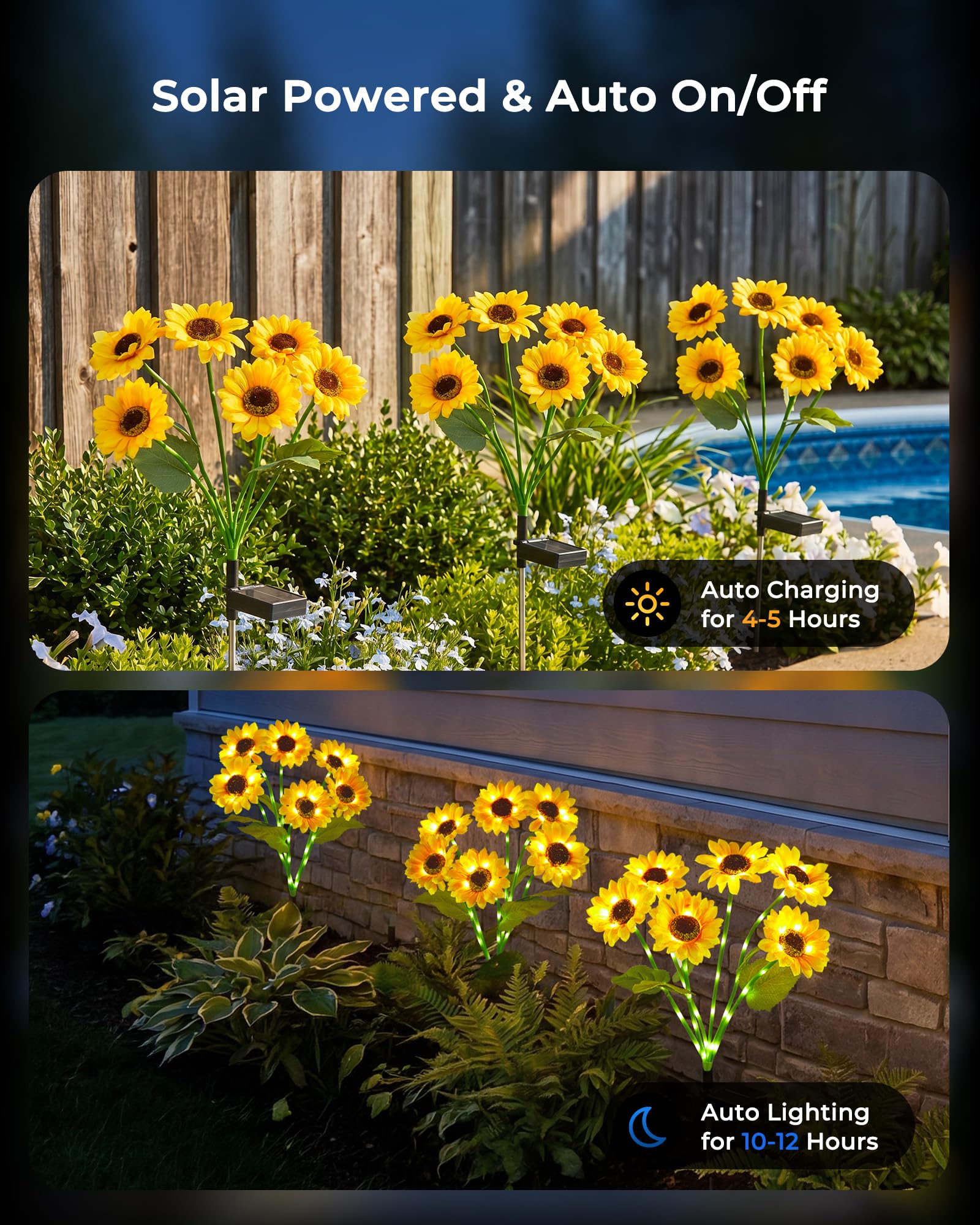 3 Pack 6 Head Solar Sunflower Stake Lights,18 Glowing Stems,Auto On/Off Waterproof Yard Patio