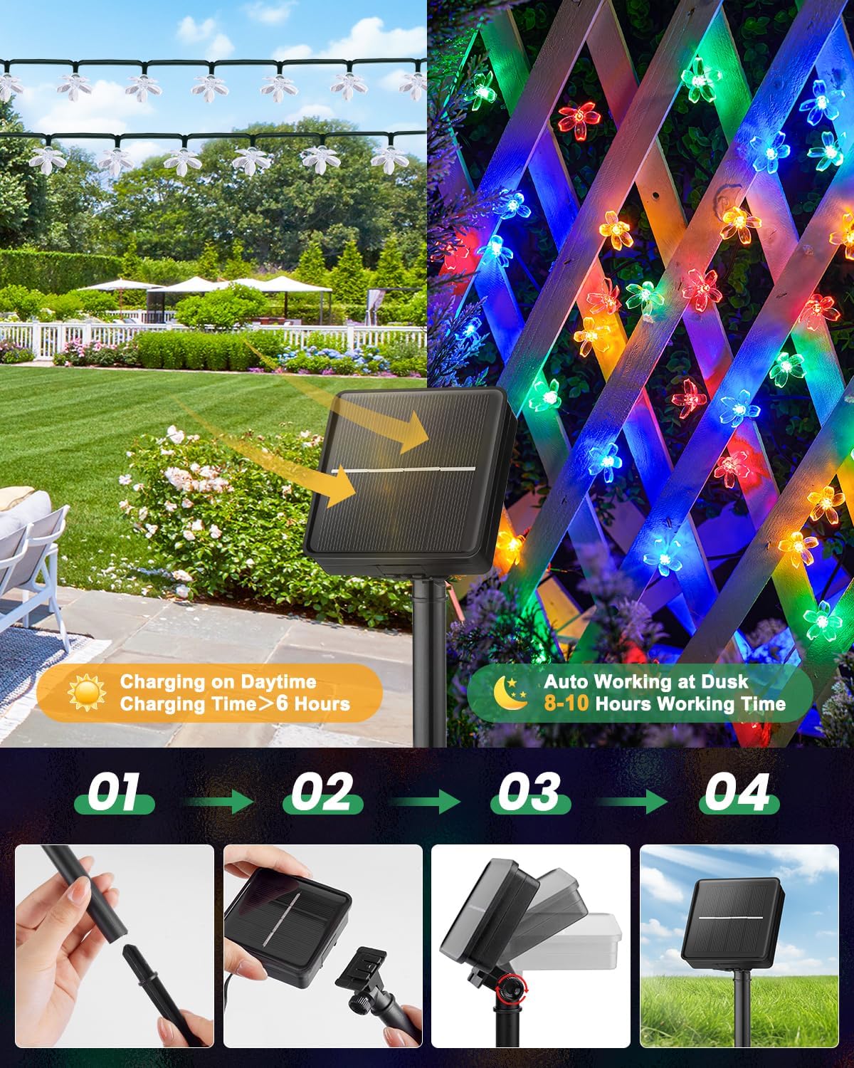 4 Pack 60 LED Flowers Solar String Lights for Garden Yard Fence Patio, Multicolor