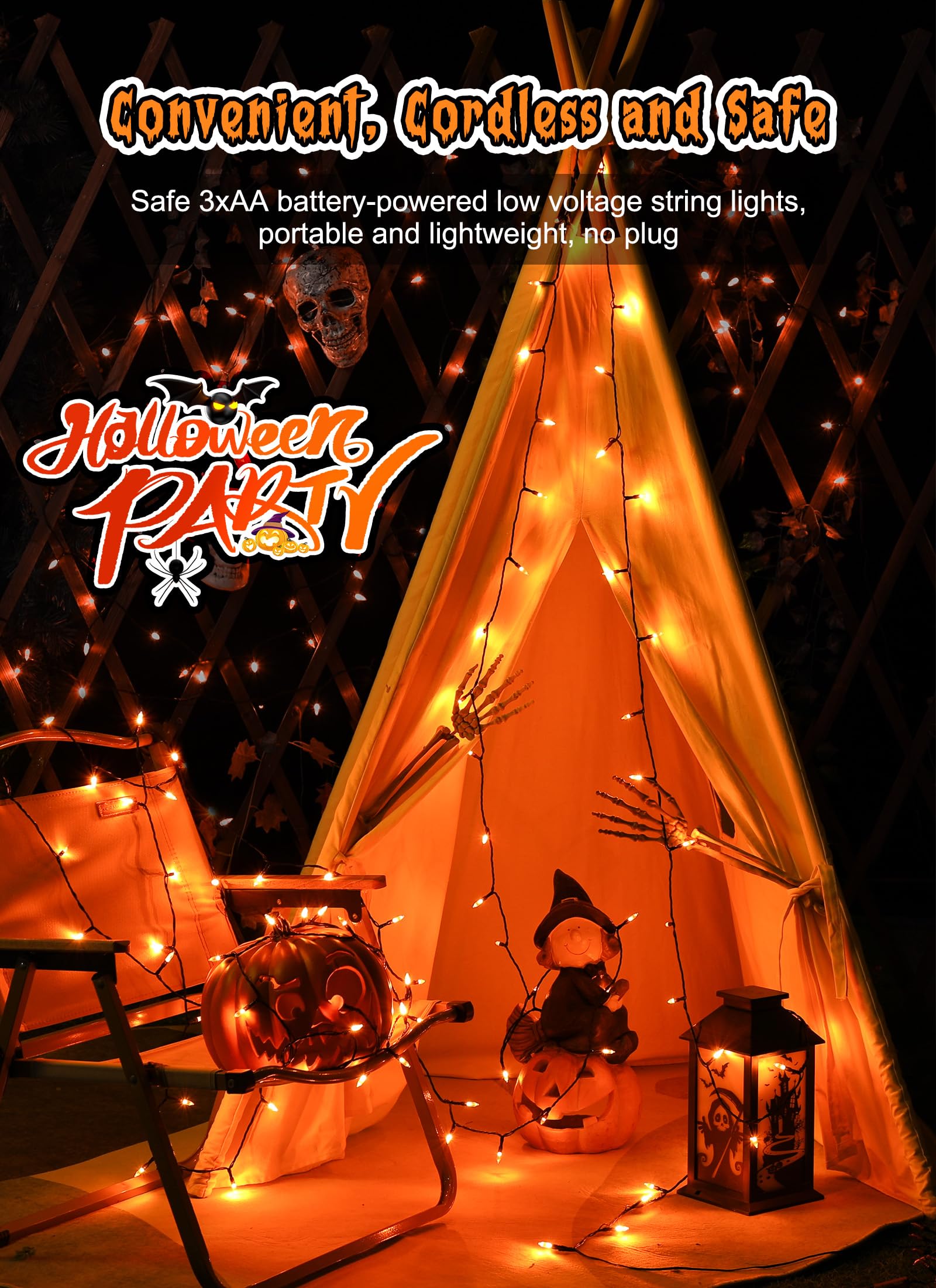 8ft 20LED Battery Operated Mini Bulbs String Light for Halloween Haunted House Party, Orange