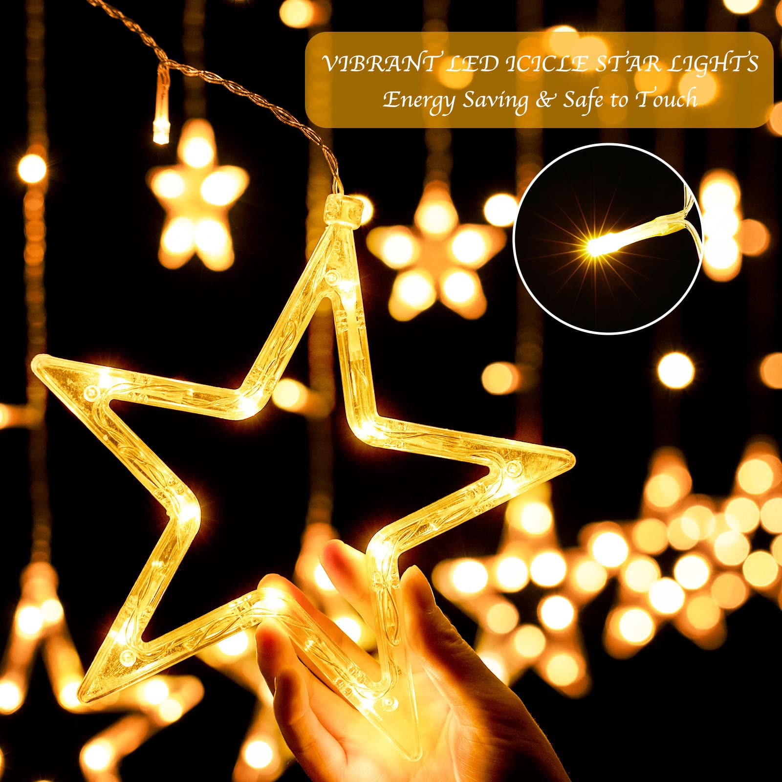 Plug In 9ft 138 LED 12 Star Drops Christmas Window Lights with Remote, 8 Modes, Warm White