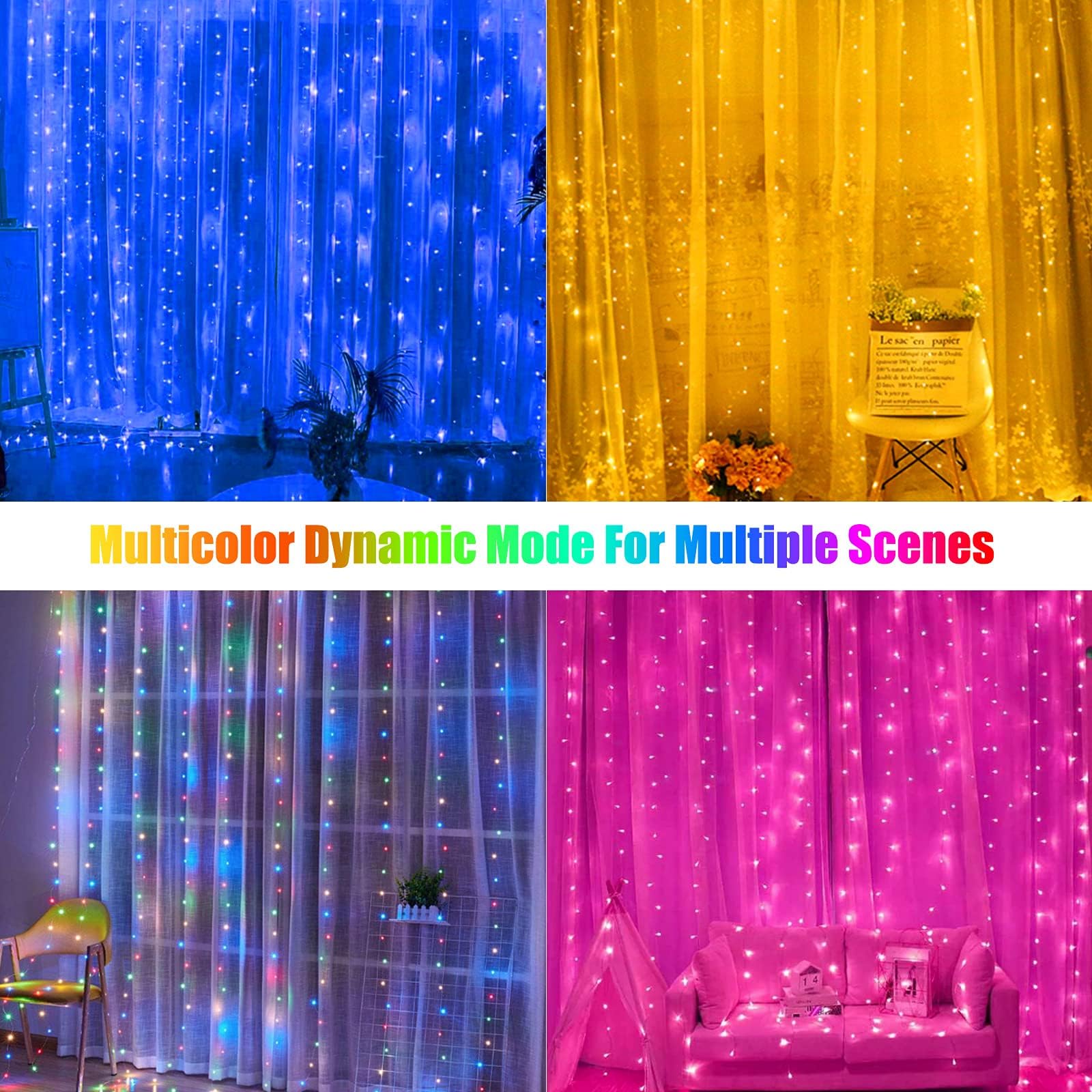 16 Colors Changing 400 LED 14.8 X 9.8 FT USB Plug in Curtain Fairy Lights with Remote & USB Adapter, 7 Modes