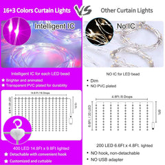 16 Colors Changing 400 LED 14.8 X 9.8 FT USB Plug in Curtain Fairy Lights with Remote & USB Adapter, 7 Modes