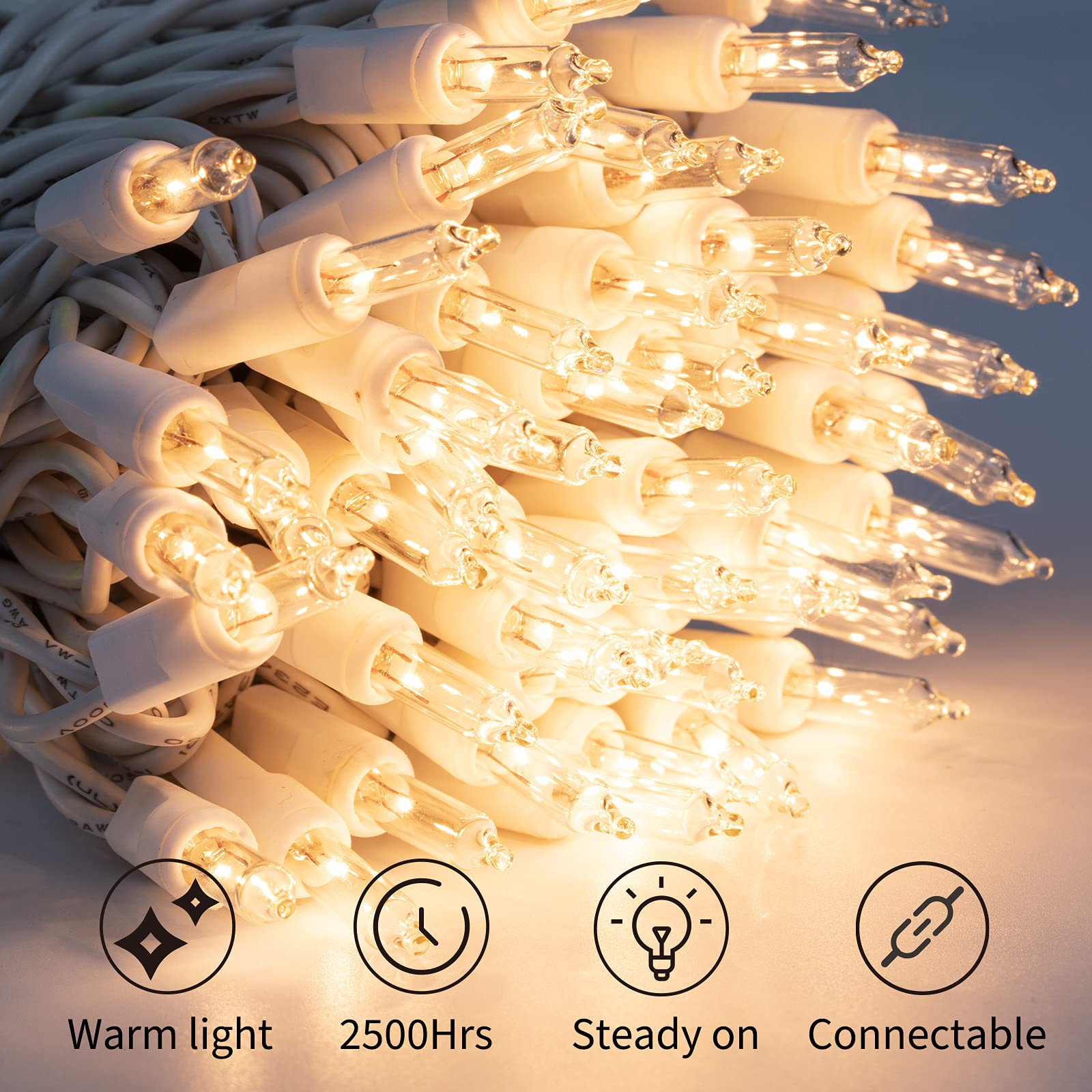 10 Feet 50 LED Plug in Clear Mini Incandescent Bulbs String Light for Christmas Trees, Warm White