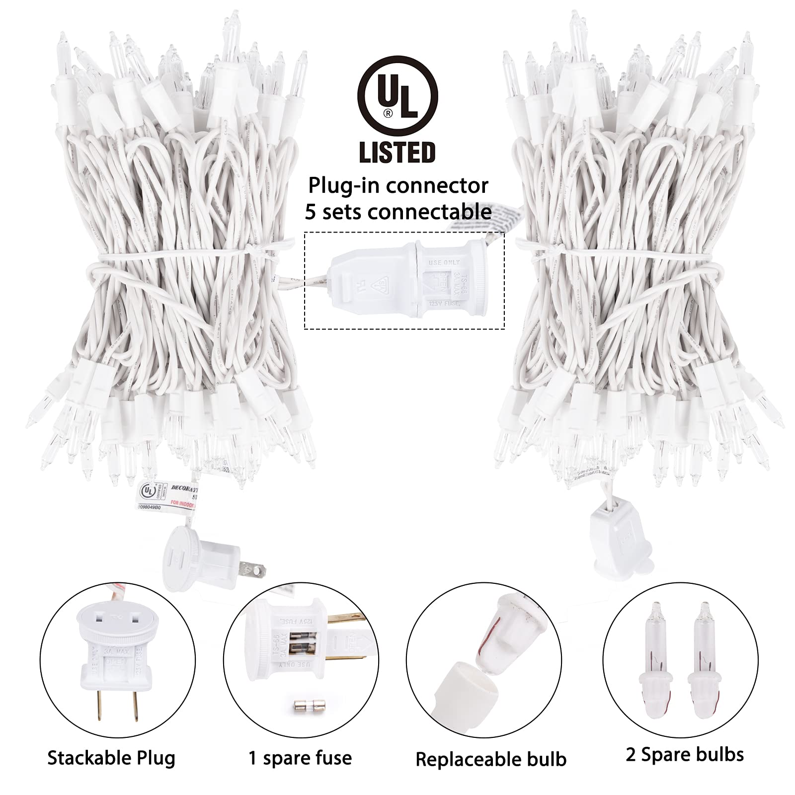 10 Feet 50 LED Plug in Clear Mini Incandescent Bulbs String Light for Christmas Trees, Warm White