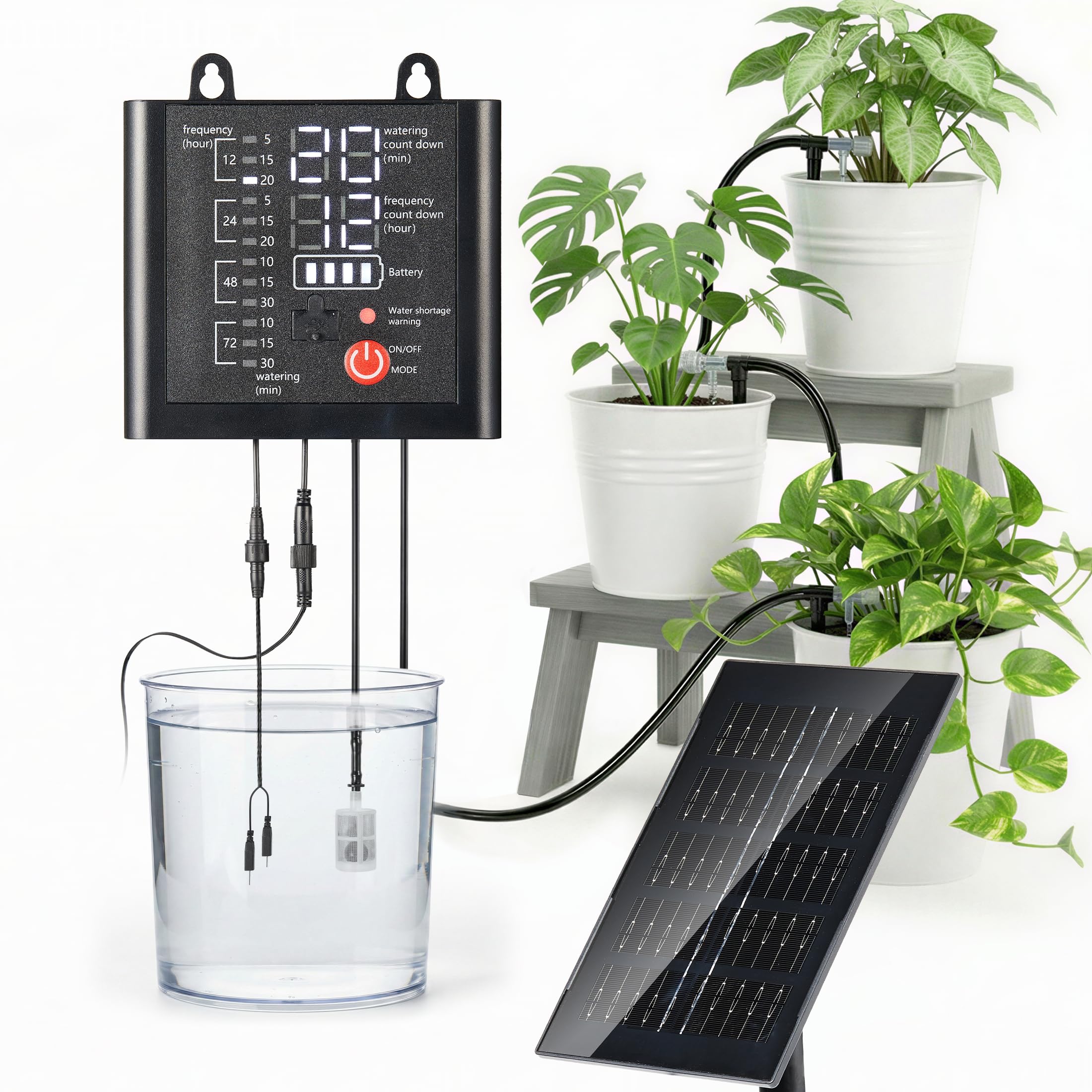 49ft Solar Powered Automatic Watering Drip Irrigation System with USB Charging for 15 Potted Plants, Black