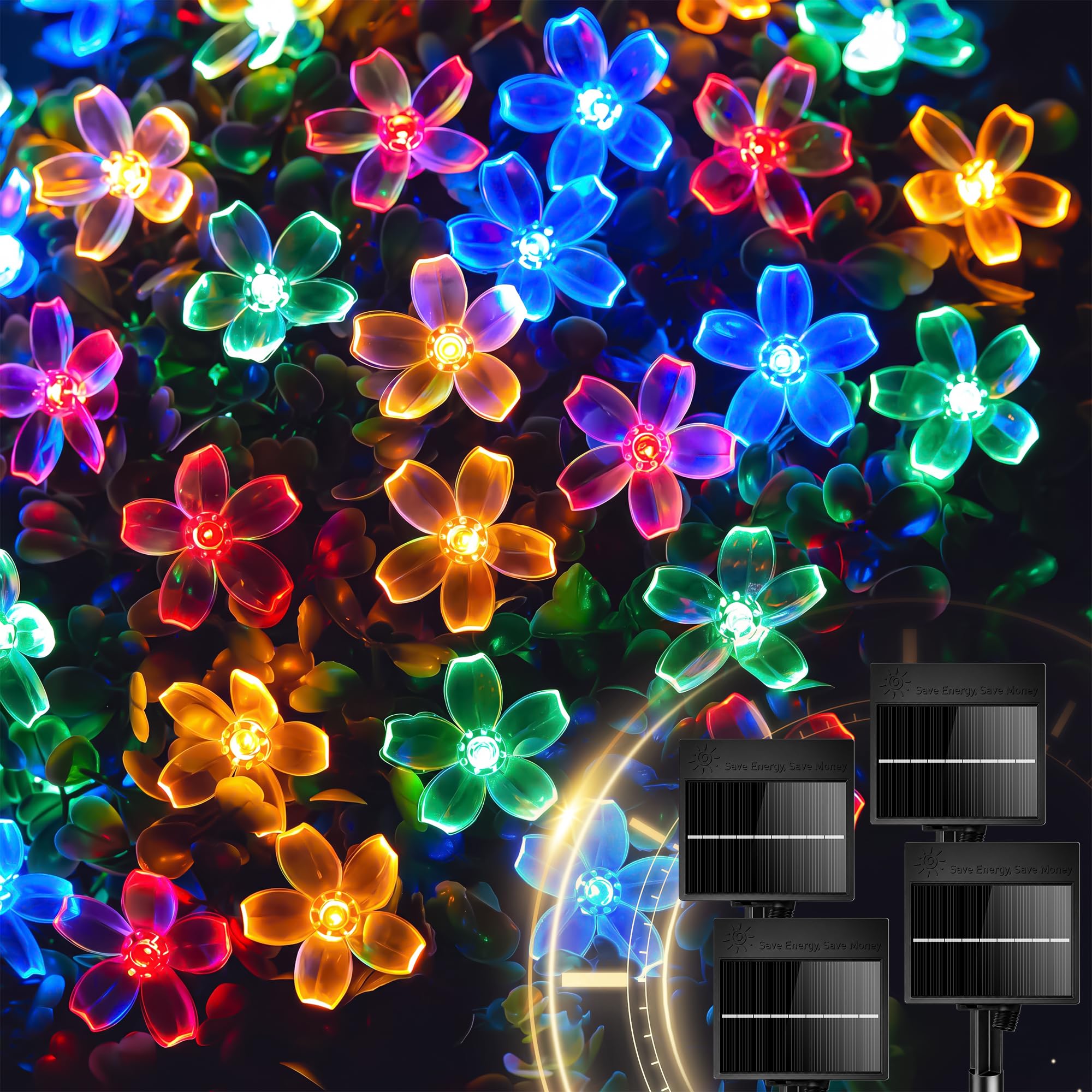 4 Pack 60 LED Flowers Solar String Lights for Garden Yard Fence Patio, Multicolor
