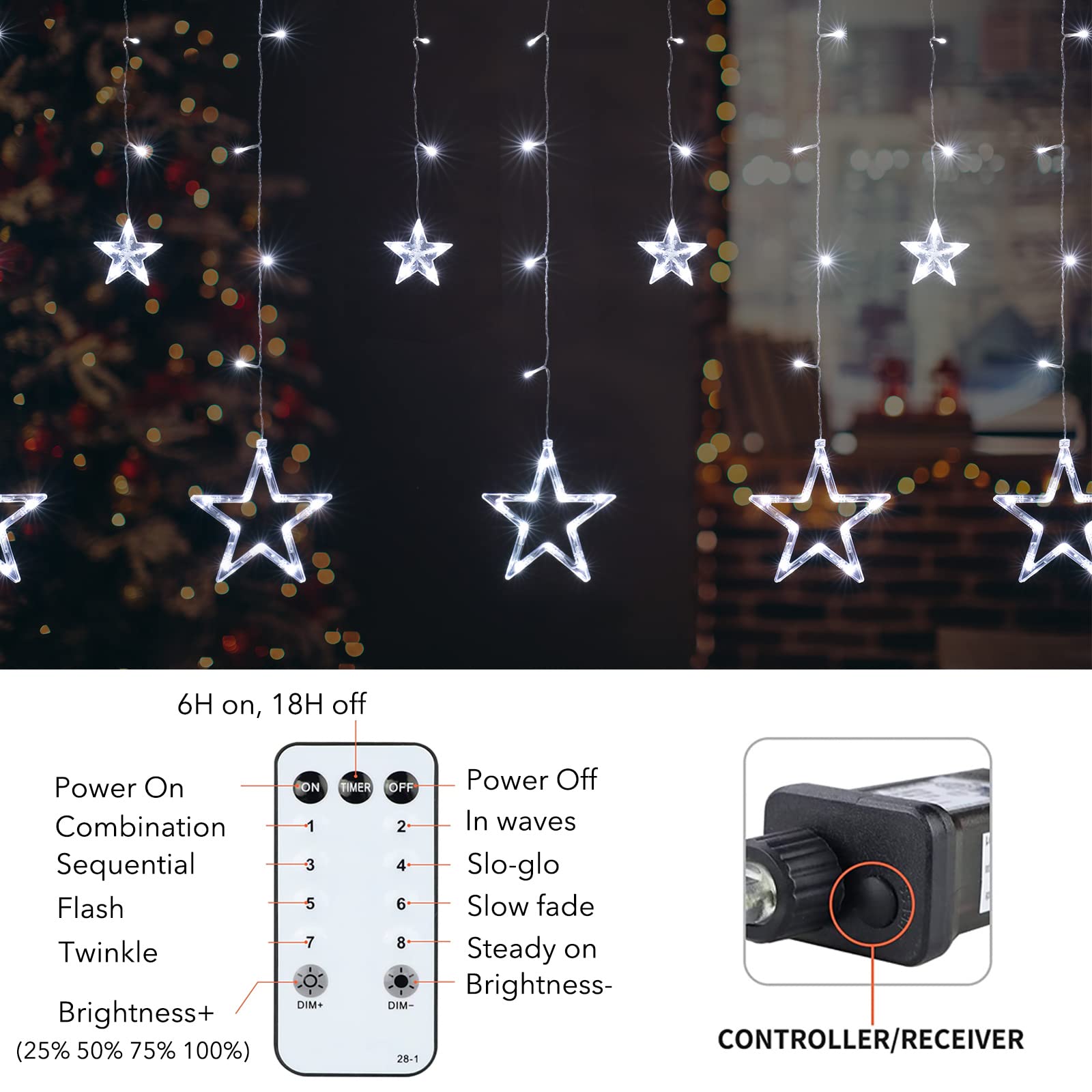Plug In 9ft 138 LED 12 Star Drops Christmas Window Lights with Remote, 8 Modes, White