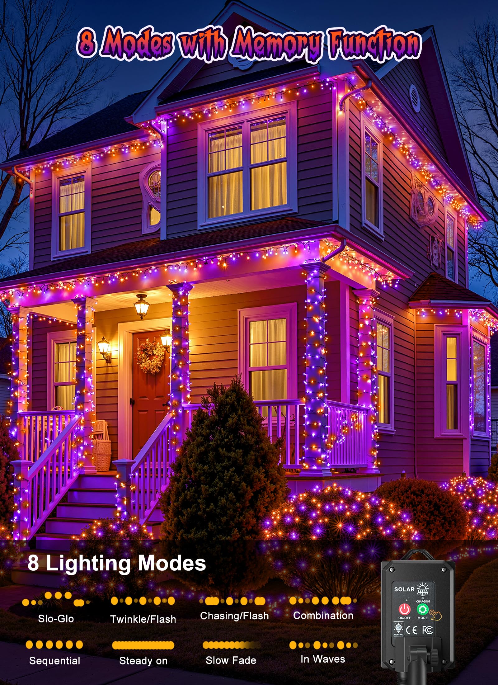 4 Pack Total 288ft 800 LED Solar Powered String Lights Outdoor, Orange & Purple, 8 Modes