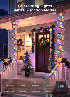 2Pack 78FT 200 LED  Solar Christmas Lights Outdoor, Multicolor, 8 Lighting Modes