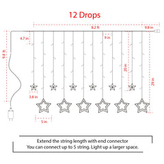 Plug In 9ft 138 LED 12 Star Drops Christmas Window Lights with Remote, 8 Modes, White