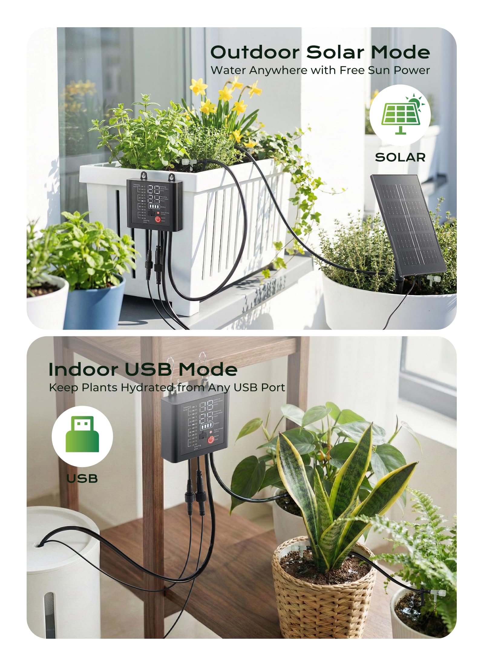 49ft Solar Powered Automatic Watering Drip Irrigation System with USB Charging for 15 Potted Plants, Black
