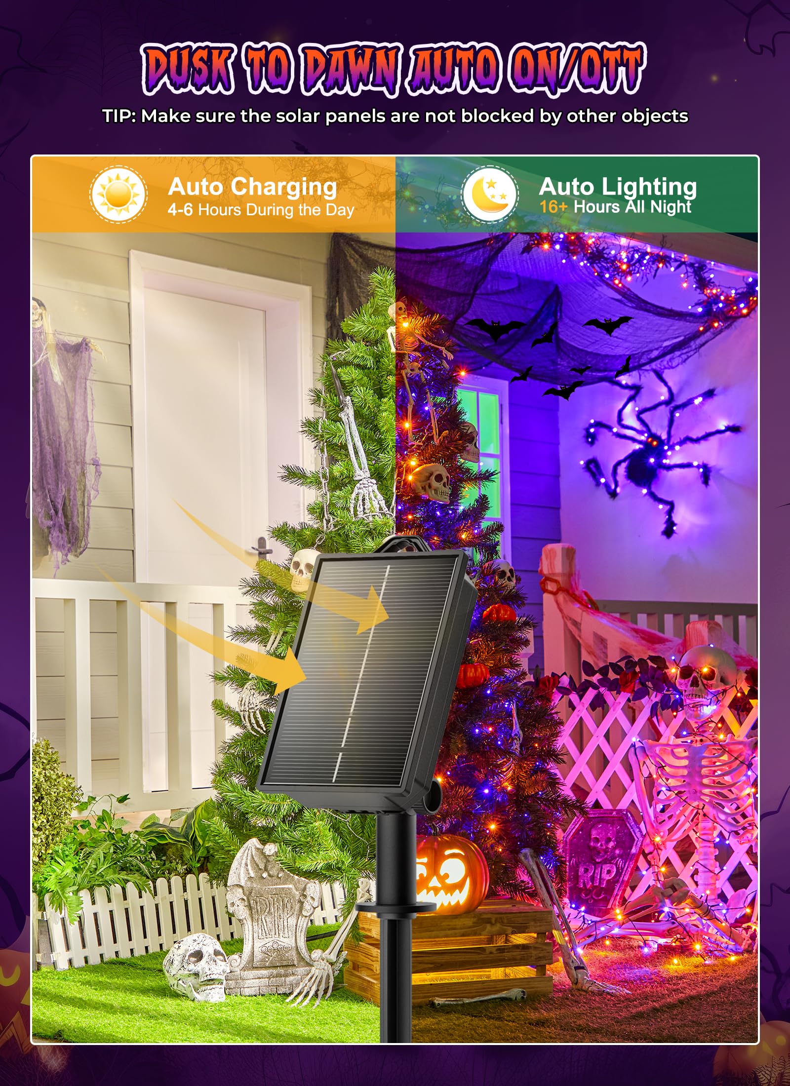 2 Pack Total 144ft 400 LED Solar Powered String Lights Outdoor, Orange & Purple, 8 Modes