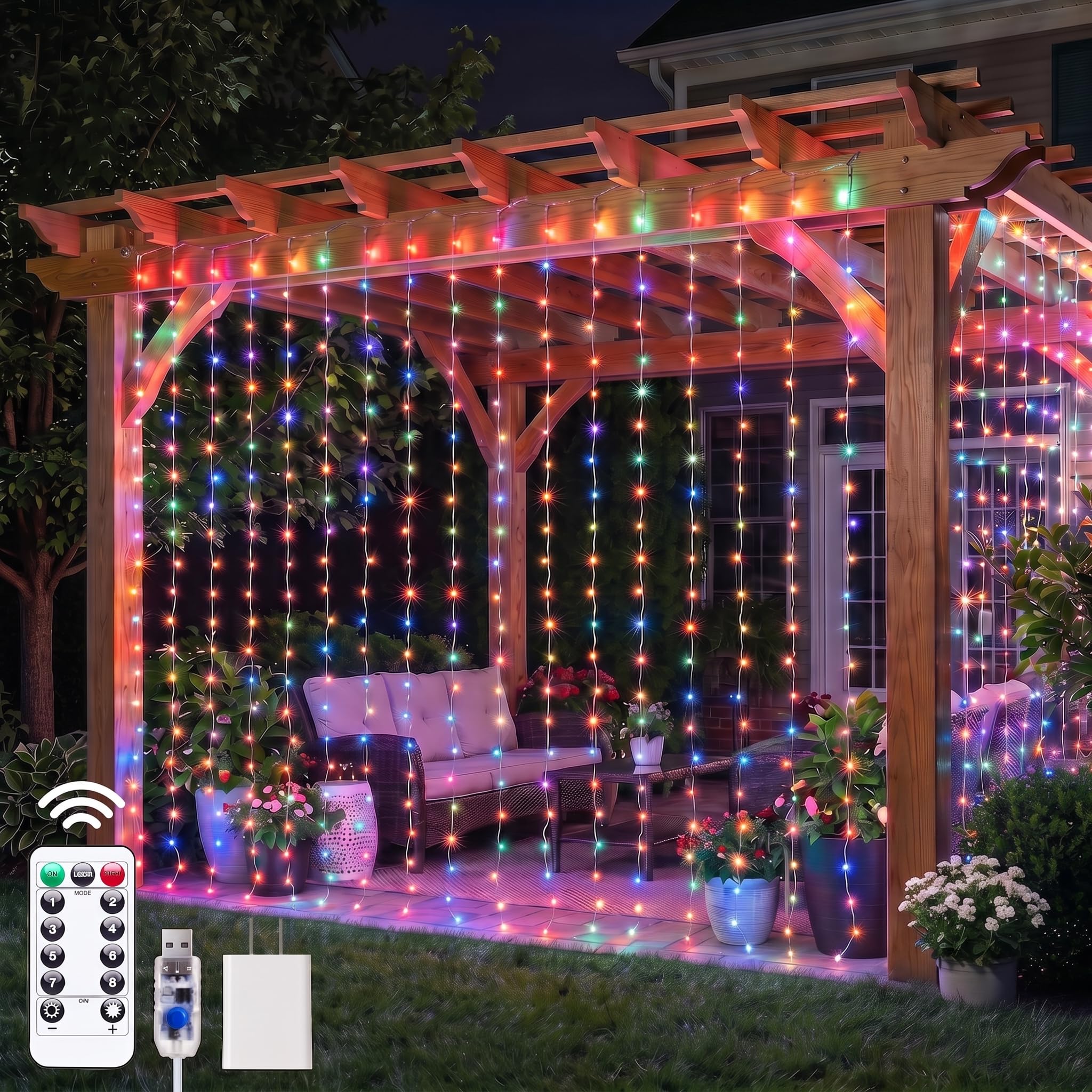 300 LED 9.8 FT USB Plug in Curtain Fairy Lights with Remote & USB Adapter, 8 Modes, Multicolor
