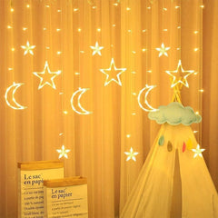 Plug In 18ft 138 LED 12 Star Moon Drops Christmas Window Lights with Remote, 8 Modes, Warm White