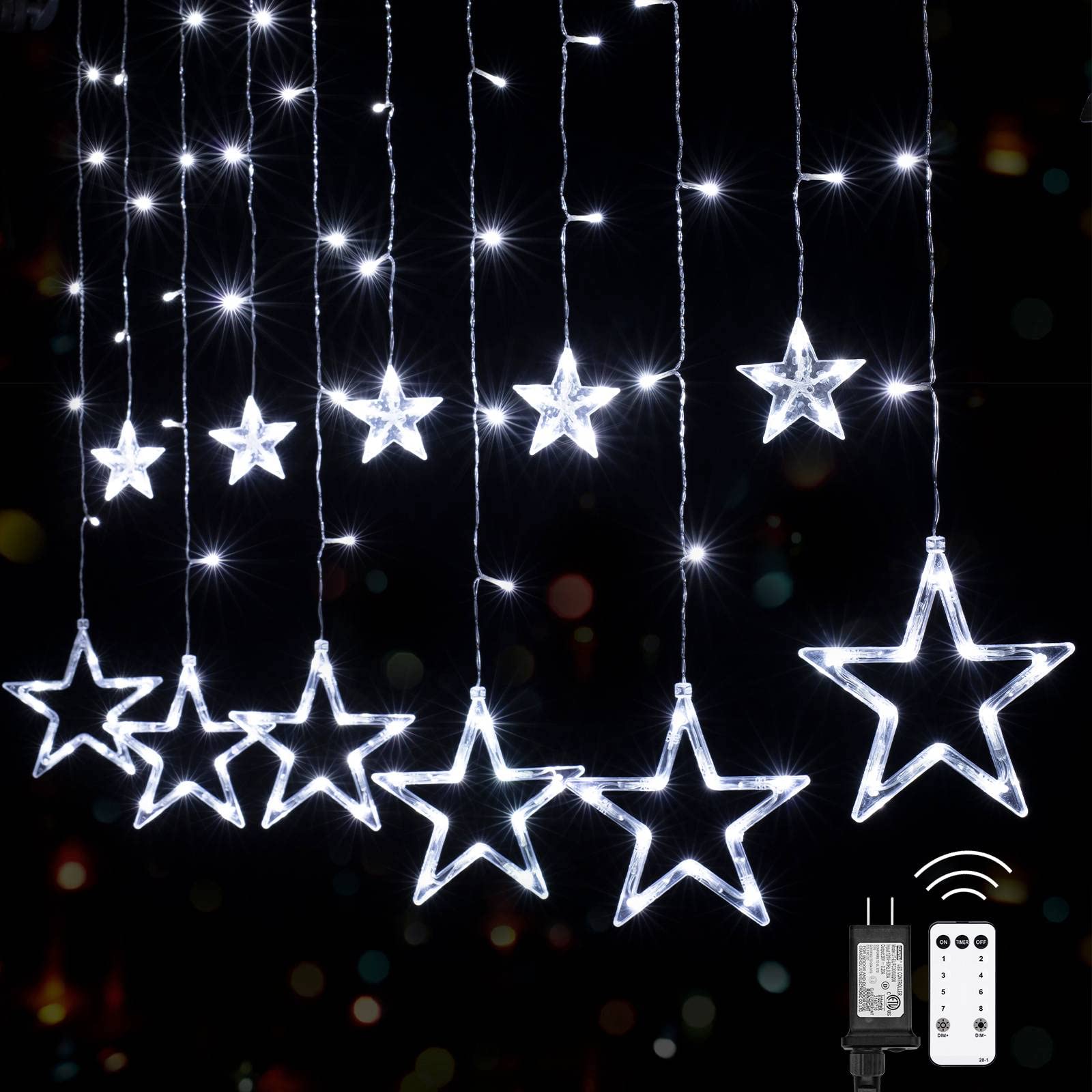 Plug In 9ft 138 LED 12 Star Drops Christmas Window Lights with Remote, 8 Modes, White