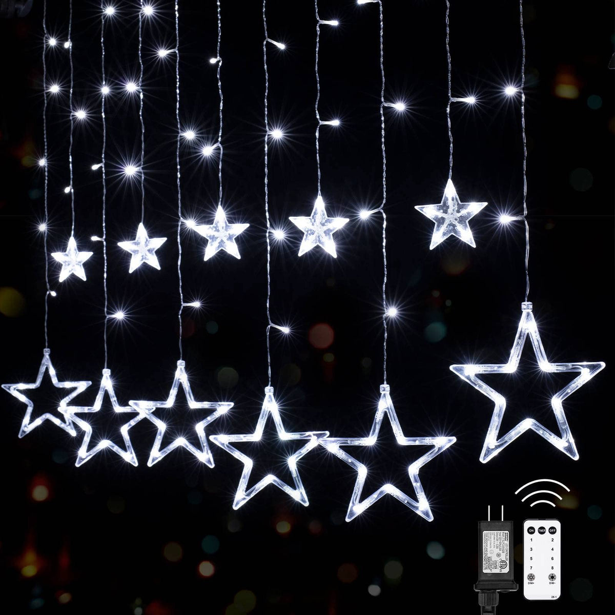 Plug In 9ft 138 LED 12 Star Drops Christmas Window Lights with Remote, 8 Modes, White
