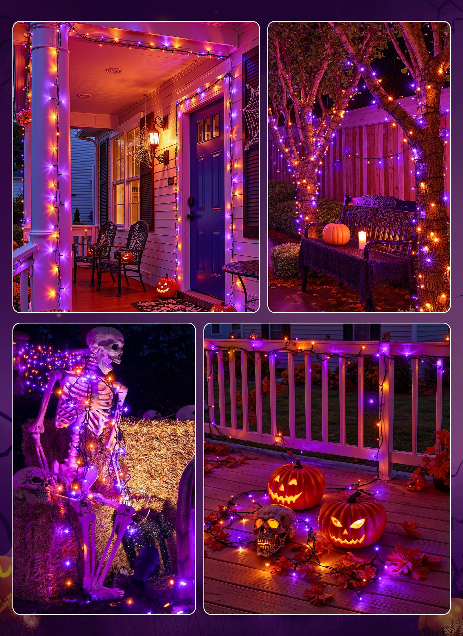 2 Pack Total 144ft 400 LED Solar Powered String Lights Outdoor, Orange & Purple, 8 Modes