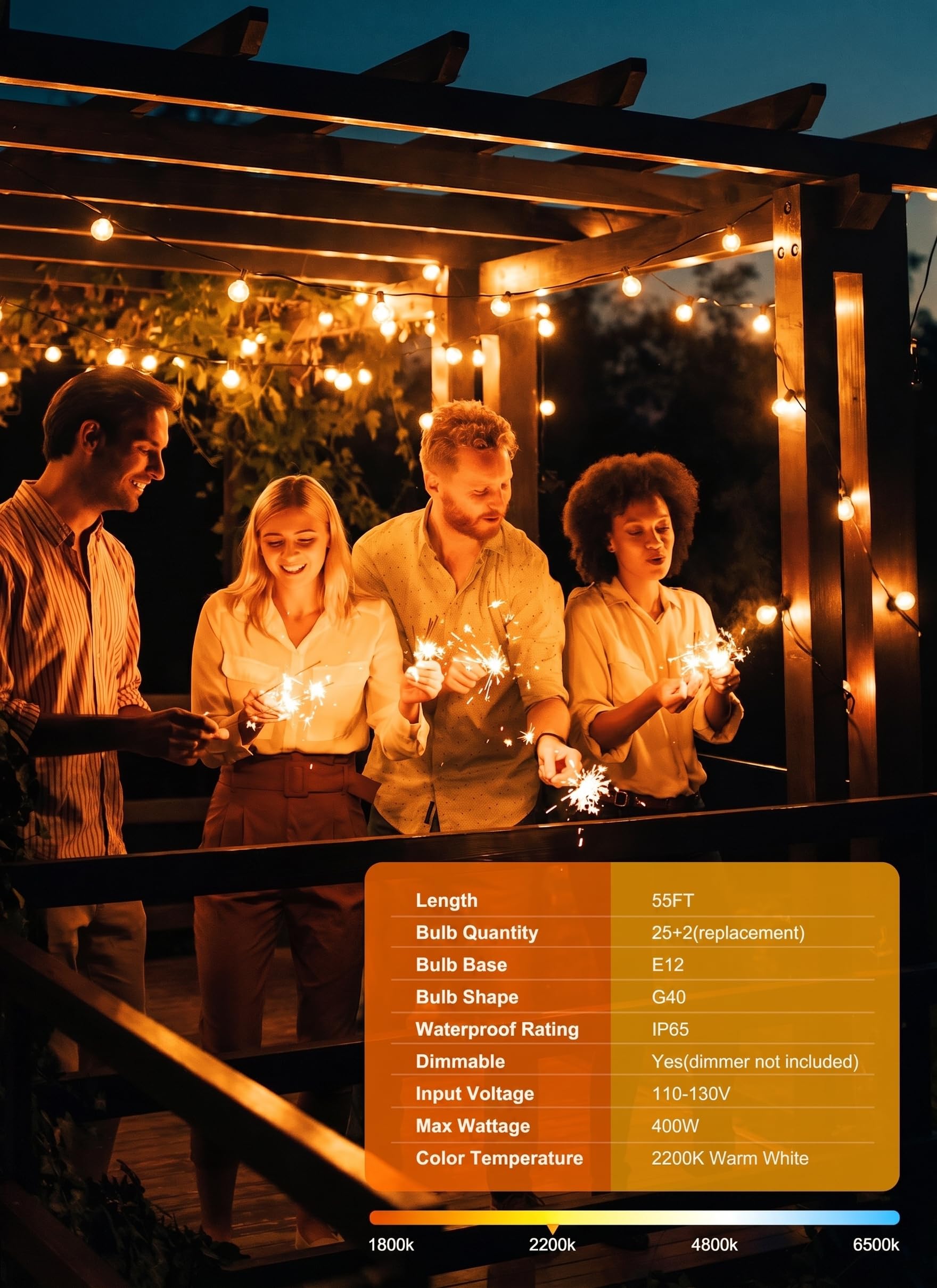 55(50+5) FT Plug In G40 25 LED Bulbs String Lights for Patio Garden Cafe Wedding Deck
