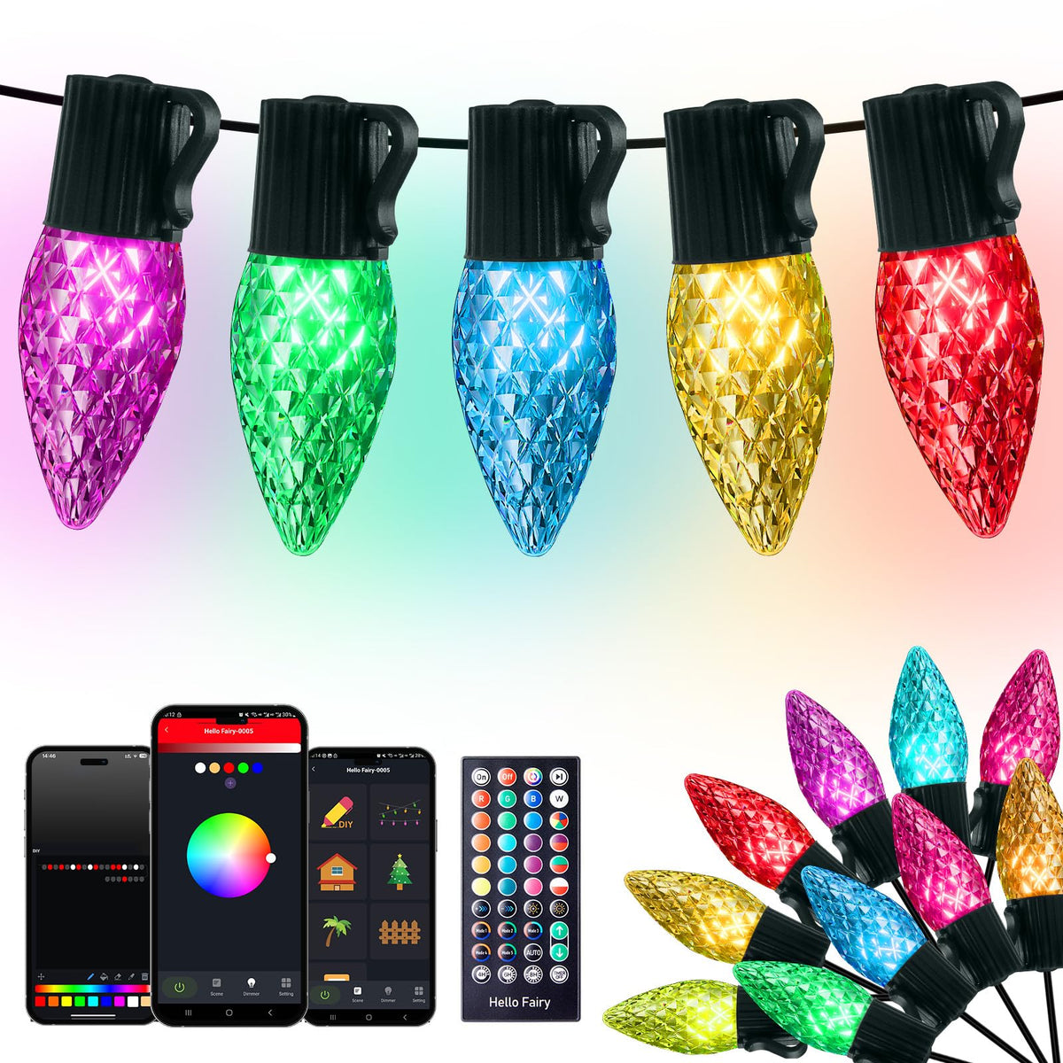 C9 LED Christmas Lights Outdoor, 15LED RGB Smart Christmas Tree Lights Music Sync DIY APP Controlled, Waterproof Connectable C9 String Lights for House Indoor Patio Xmas Decoration