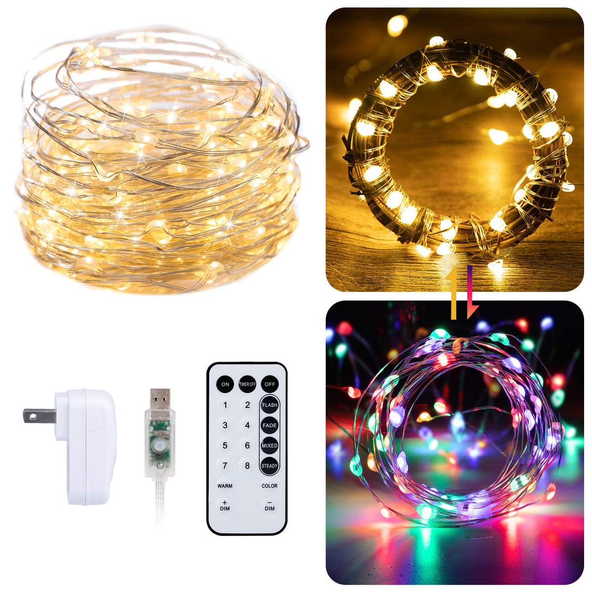 Silver Fairy Lights with USB & Adapter, Remote