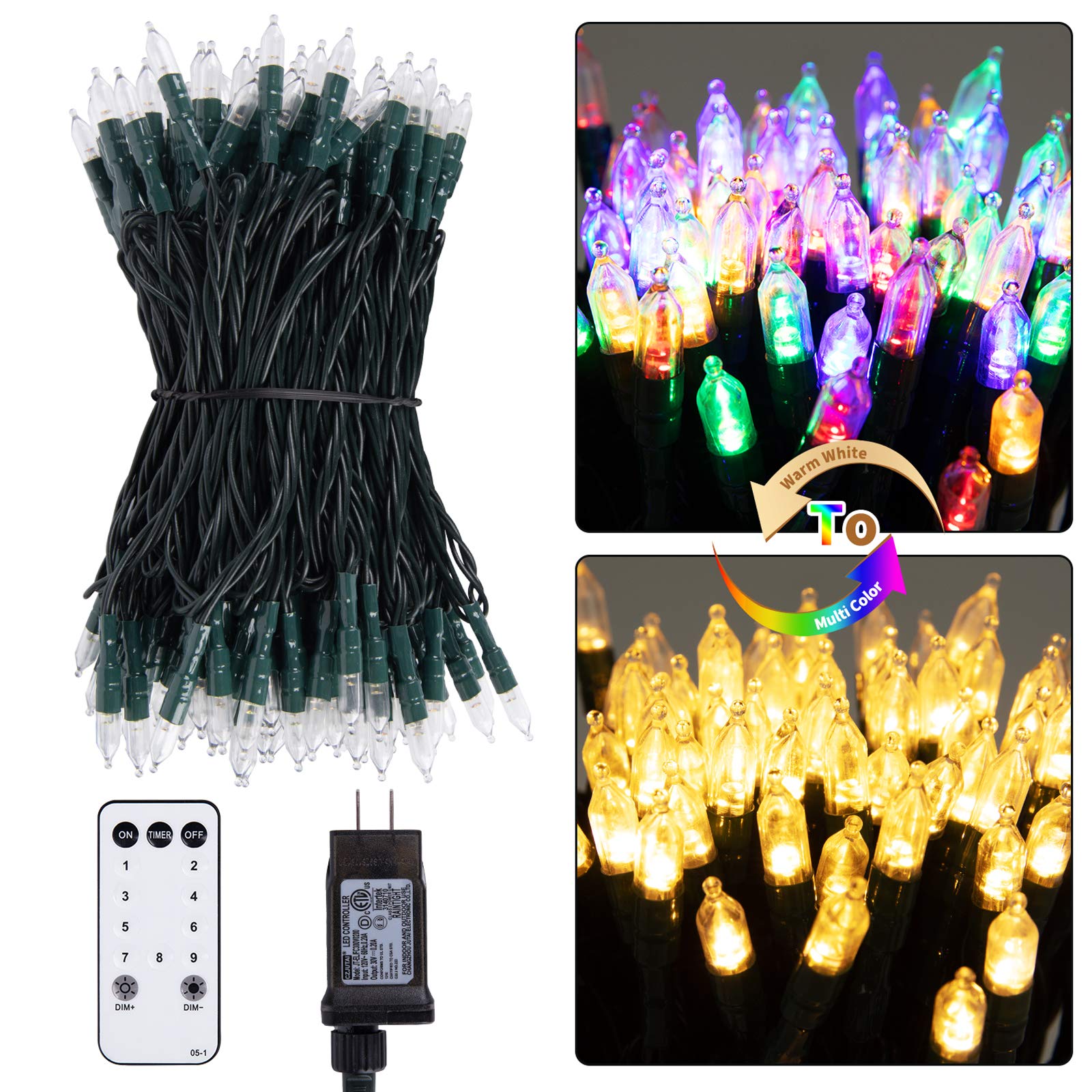 1 x 75 Feet / 200 LED / Warm White and Multicolor / Green Wire