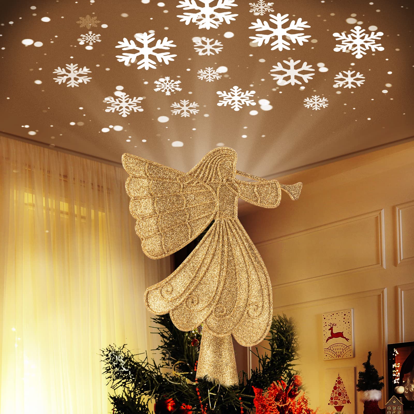 10.4 Inches / Golden Angel Topper / Snowflake Projection