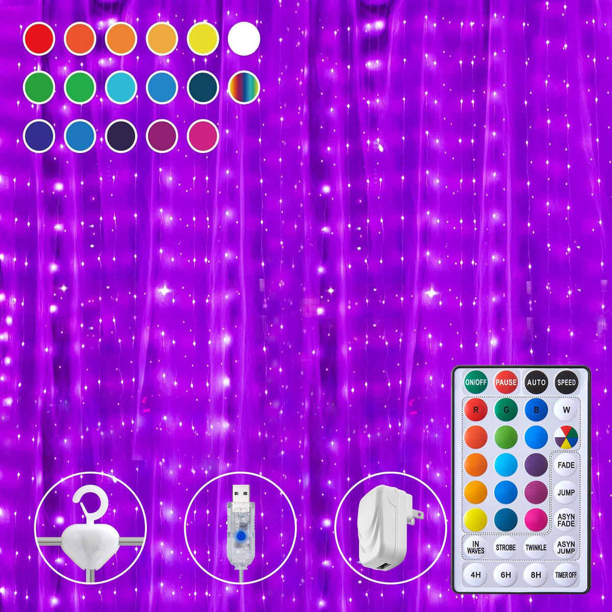 Curtain Fairy Lights with Remote & Adapter, 16 Colors 7 Modes