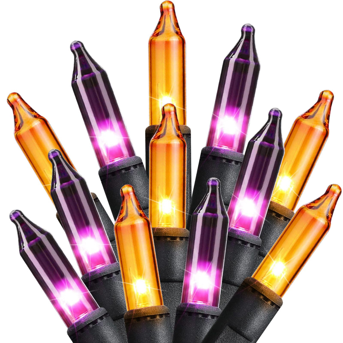 Mini Lights, Incandescent Bulbs on Black Wire, Orange & Purple