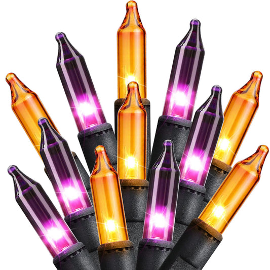 Mini Lights, Incandescent Bulbs on Black Wire, Orange & Purple