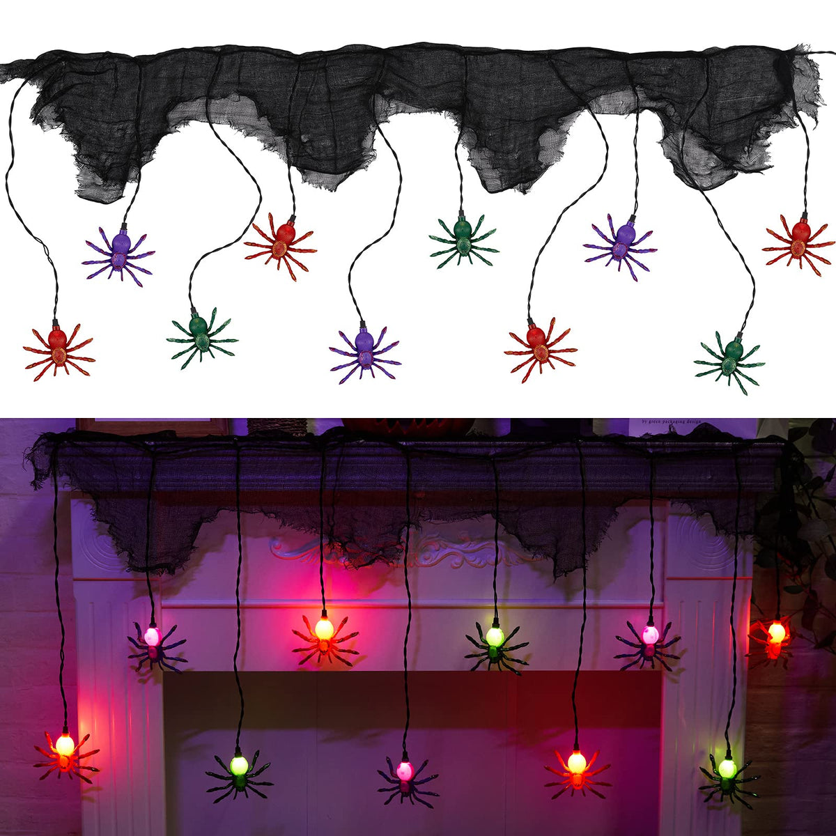 Halloween Spider String Lights with Black Mesh, Multicolor