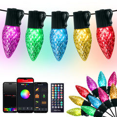 C9 LED Christmas Lights Outdoor, 15LED RGB Smart Christmas Tree Lights Music Sync DIY APP Controlled, Waterproof Connectable C9 String Lights for House Indoor Patio Xmas Decoration