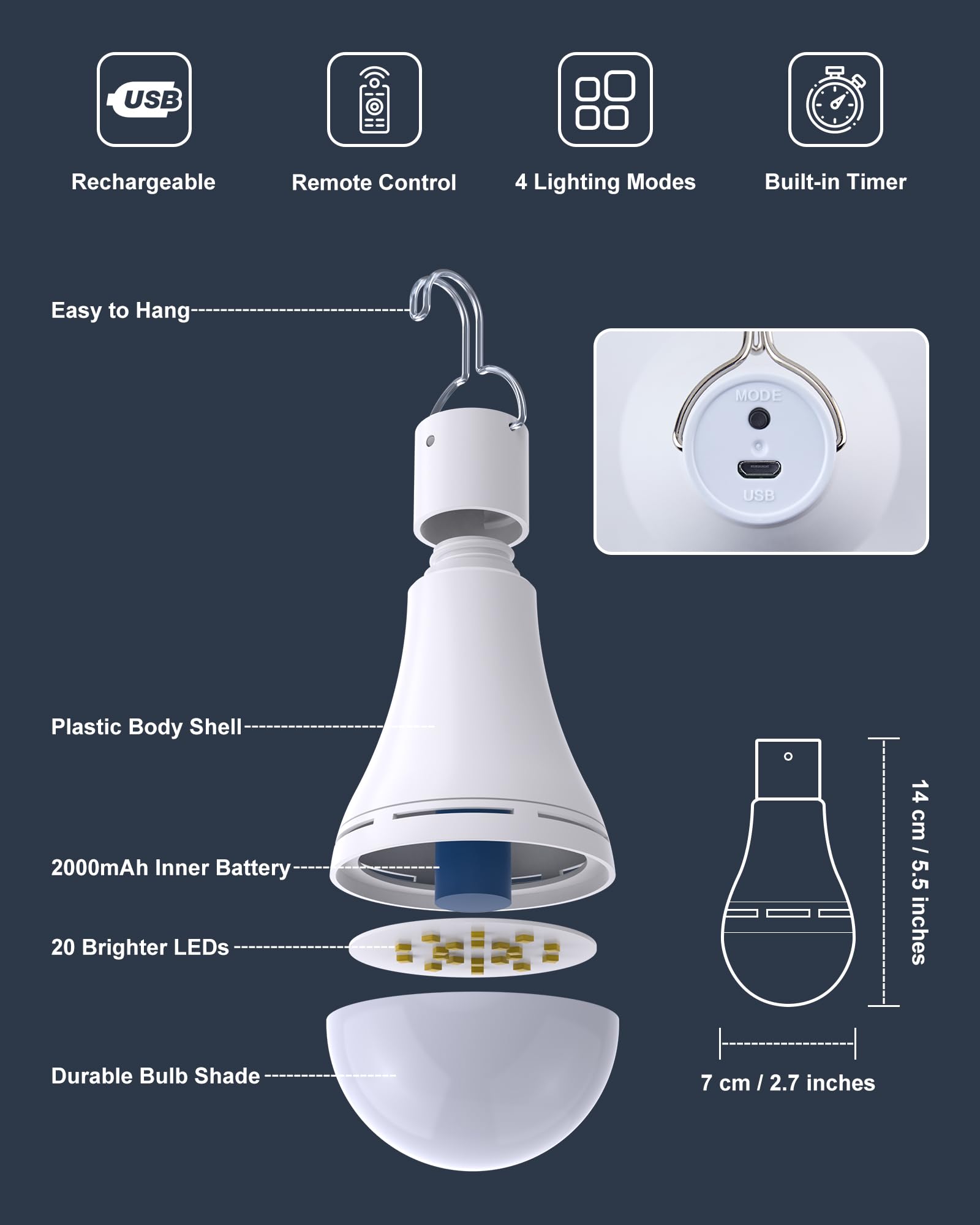 A70 9W LED Bulb with Remote, USB Rechargeable