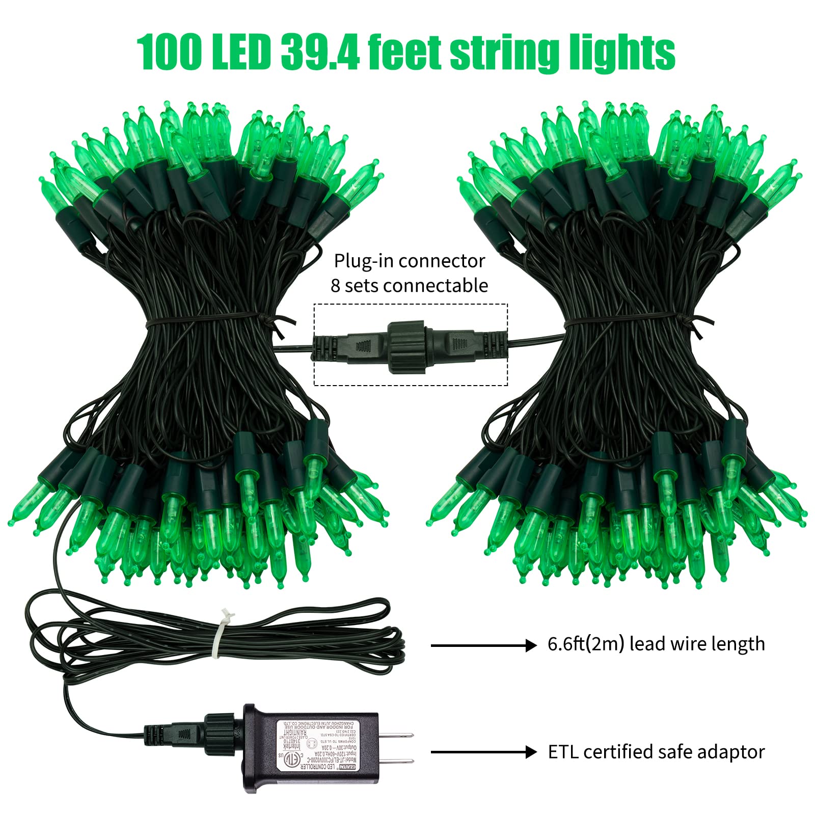 39 Feet / 100 LED / Green / Green Wire