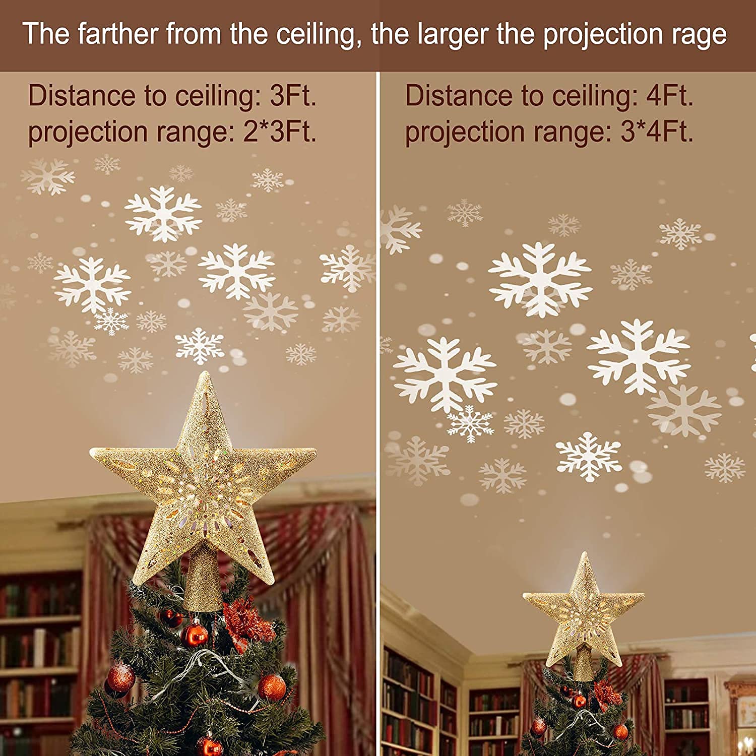 Christmas Star Tree Topper with Built-in LED Snowflake Projector Lights