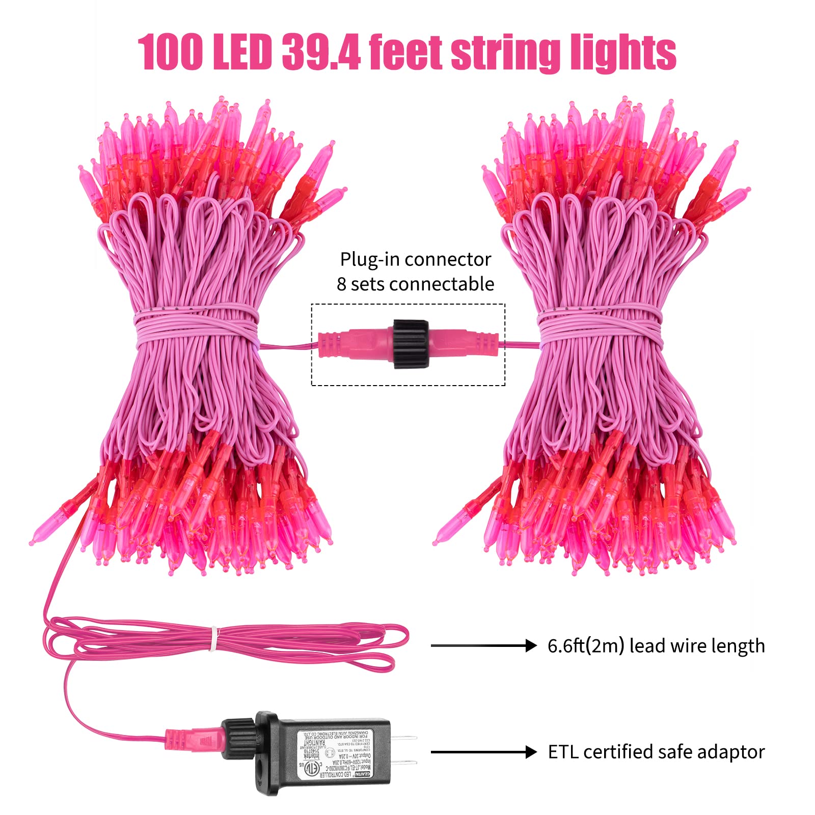 39 Feet / 100 LED / Pink / Pink Wire