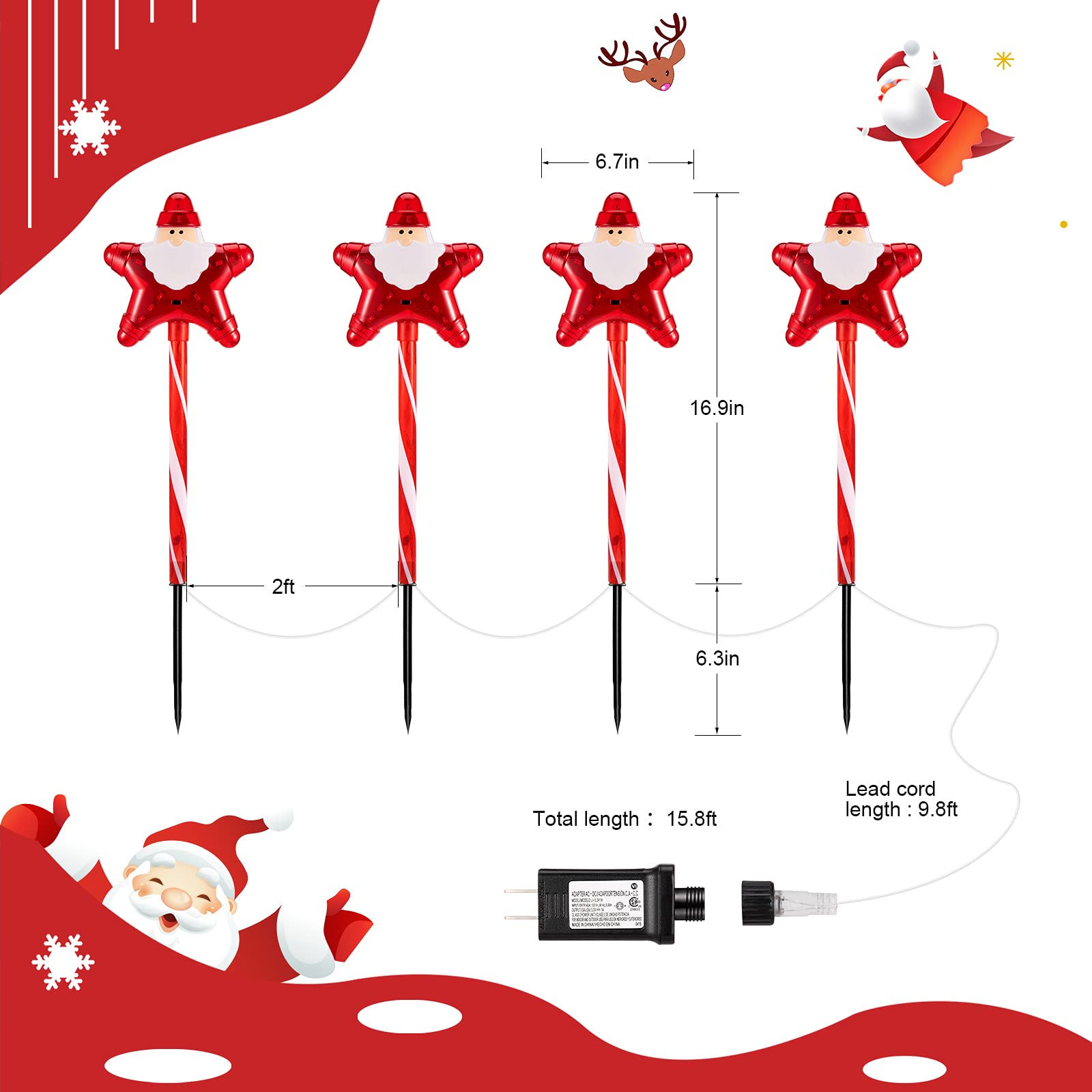 15.8 Feet / 4 Santa Star Lights / Twinkle