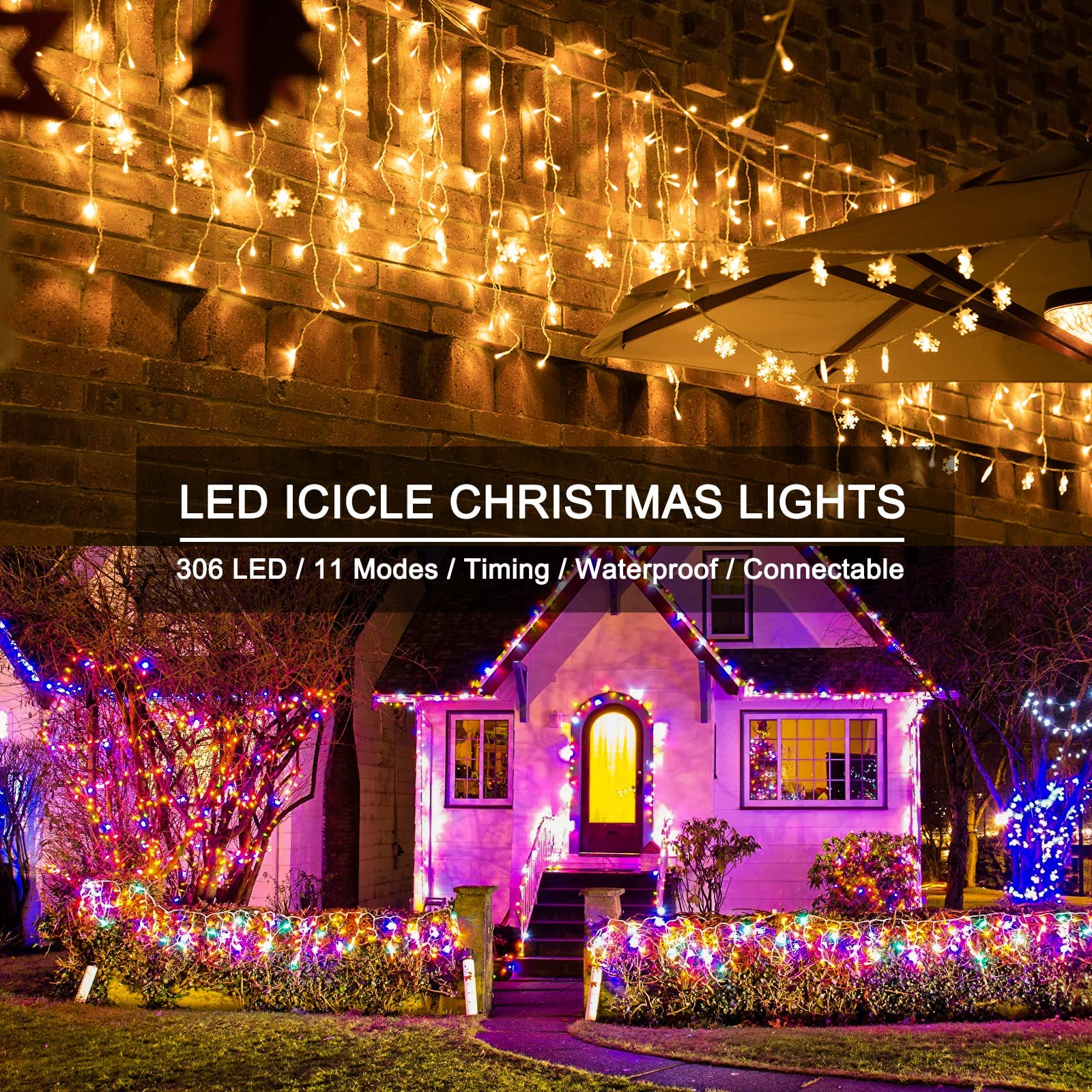 19.6 Feet / 54 Drops / 306 LED / Warm White and Multicolor