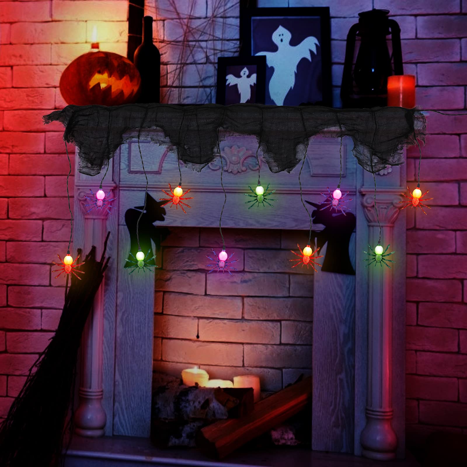 Halloween Spider String Lights with Black Mesh, Multicolor