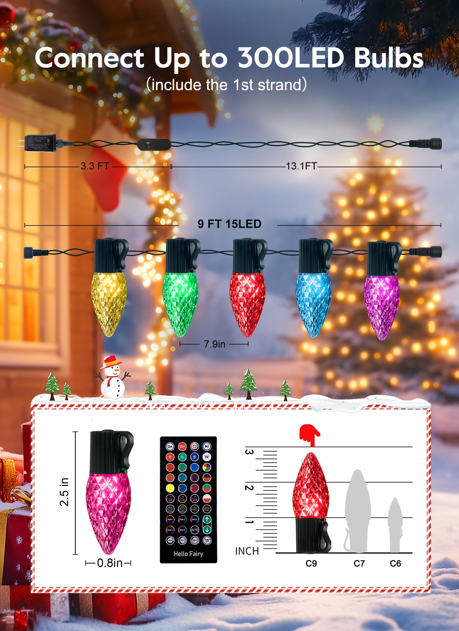 C9 LED Christmas Lights Outdoor, 15LED RGB Smart Christmas Tree Lights Music Sync DIY APP Controlled, Waterproof Connectable C9 String Lights for House Indoor Patio Xmas Decoration