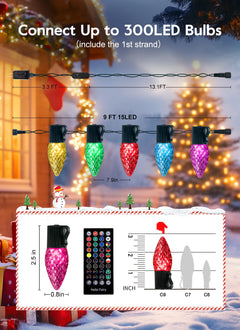 C9 LED Christmas Lights Outdoor, 15LED RGB Smart Christmas Tree Lights Music Sync DIY APP Controlled, Waterproof Connectable C9 String Lights for House Indoor Patio Xmas Decoration