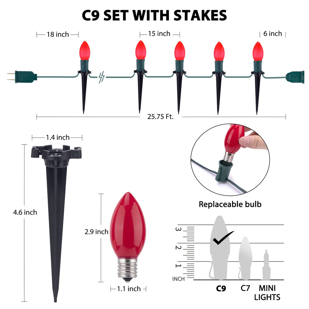 1 x 25.7 Feet / 20 ClearBulbs / Ceramic Red and Green