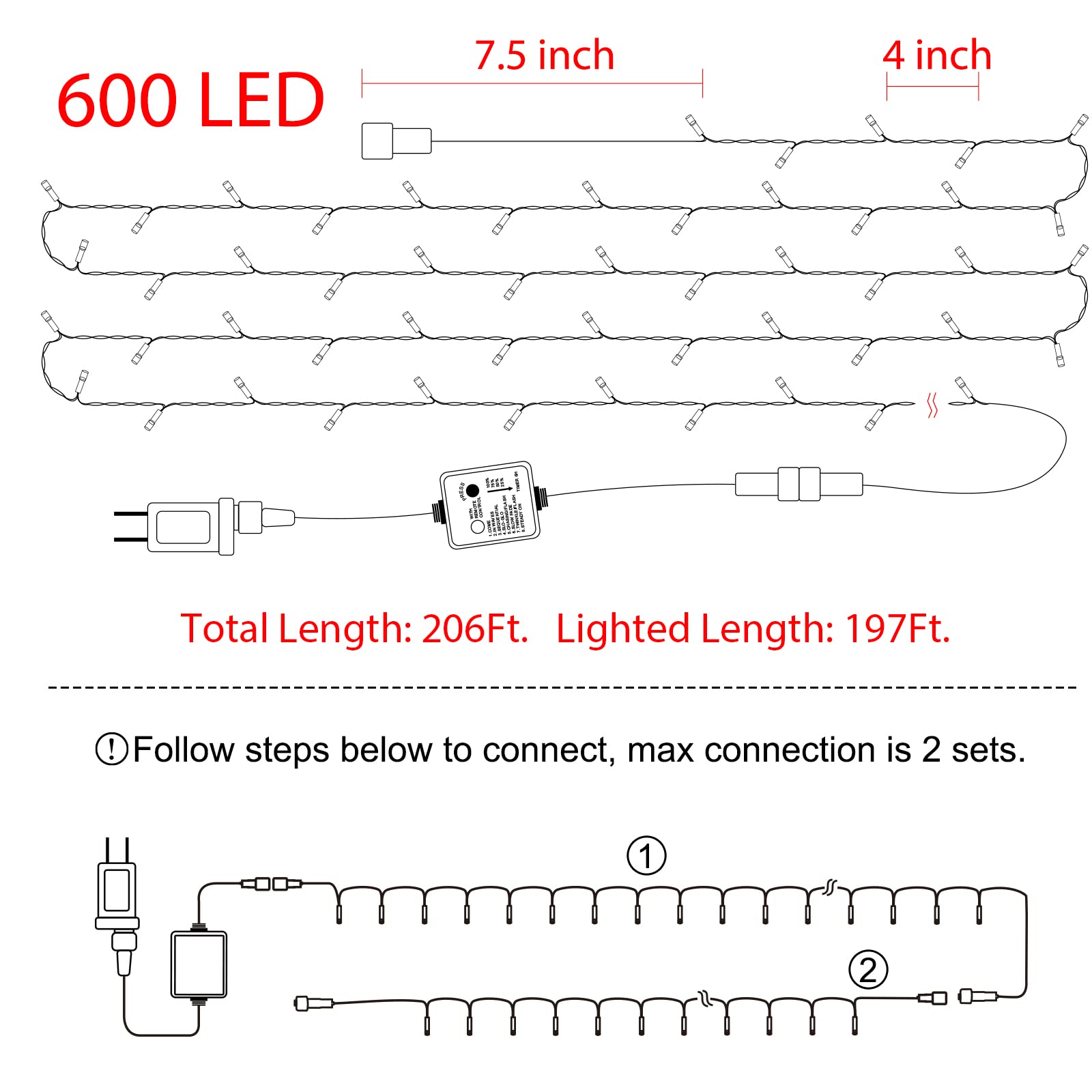 168 Feet / 600 LED / Pure White / Green Wire