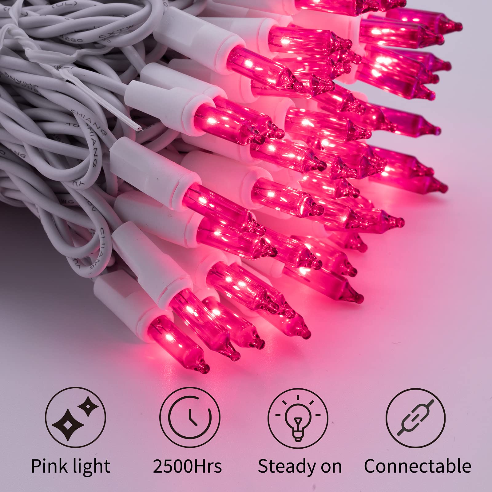 1 x 25 Feet / 100 Bulbs / Pink / White Wire