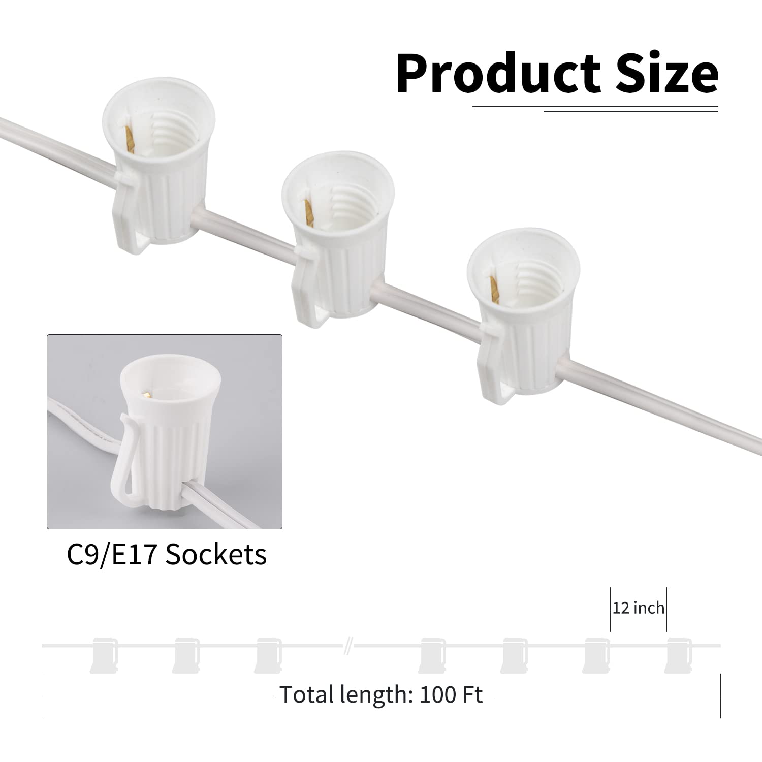 1 x 100 Feet / 100 Sockets / White Wire