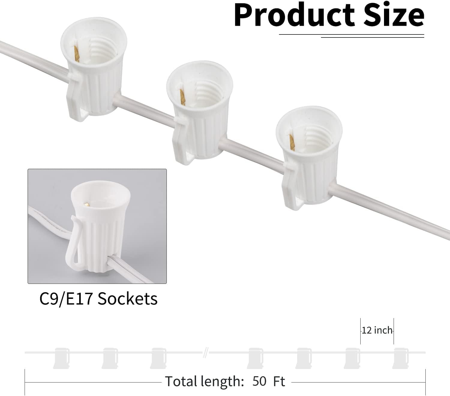 1 x 50 Feet / 50 Sockets / White Wire