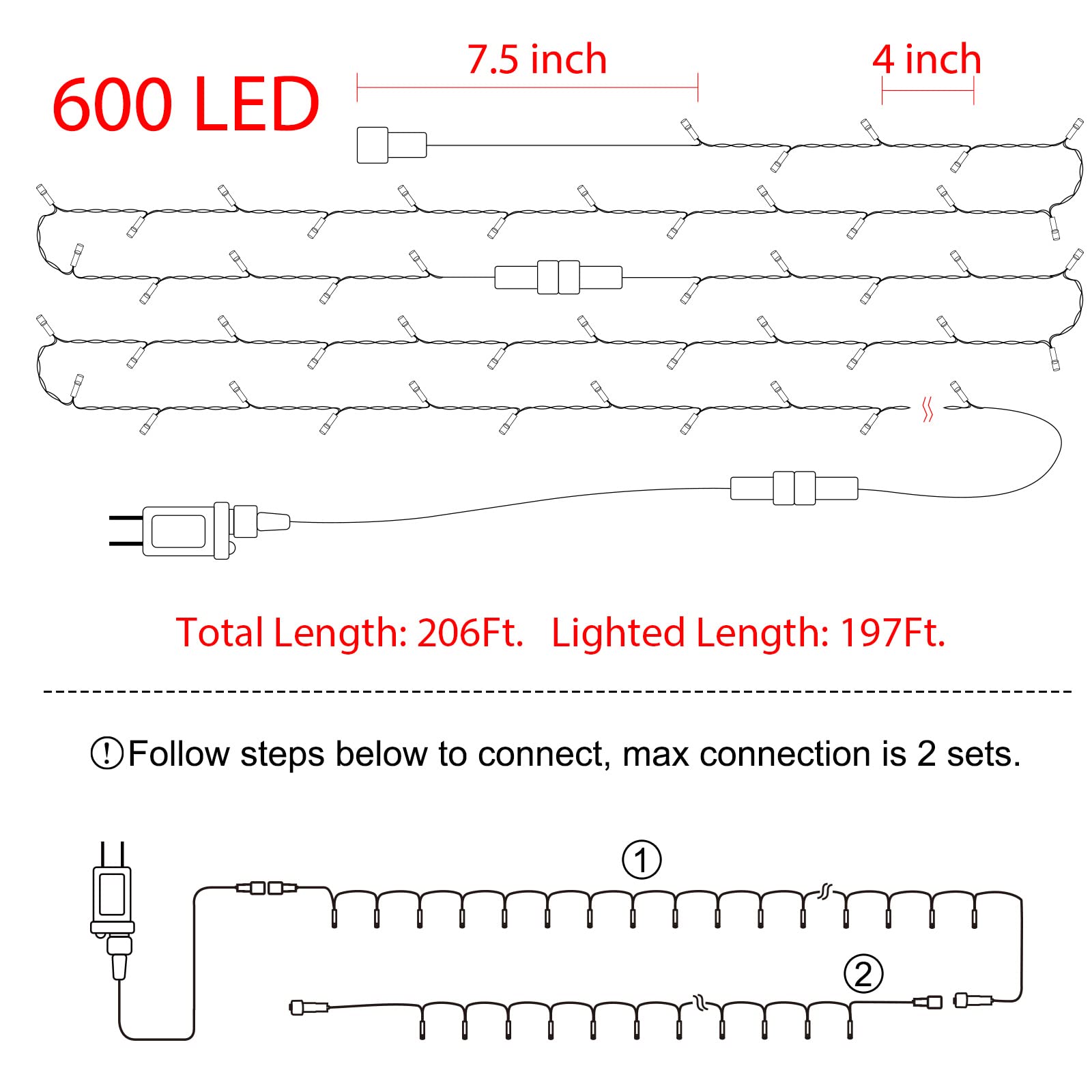 168 Feet / 600 LED / Warm White and Multicolor/ Green Wire